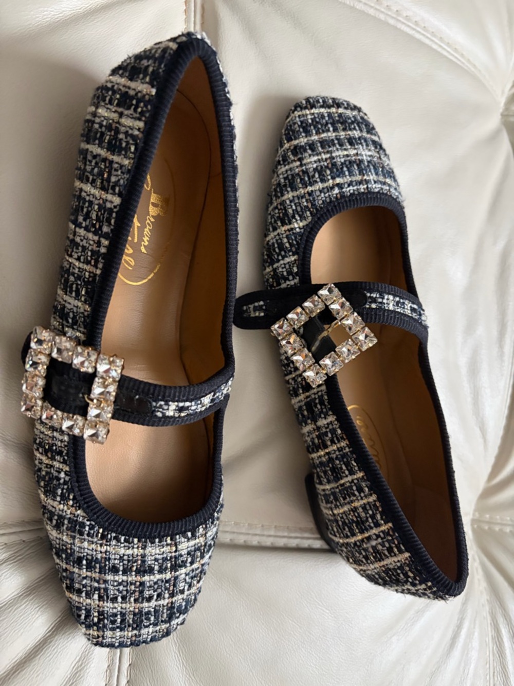 Tweed Mary Jane Flats with Crystal Buckle - Black & White